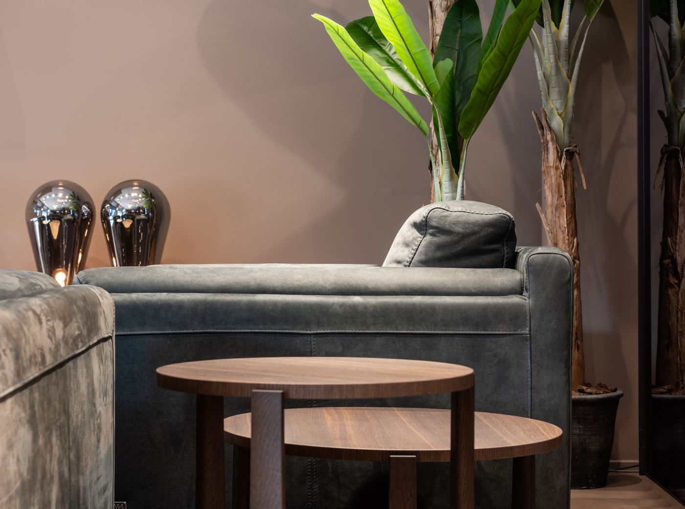 Salon aménagé avec un canapé, des tables basses et des plantes vertes